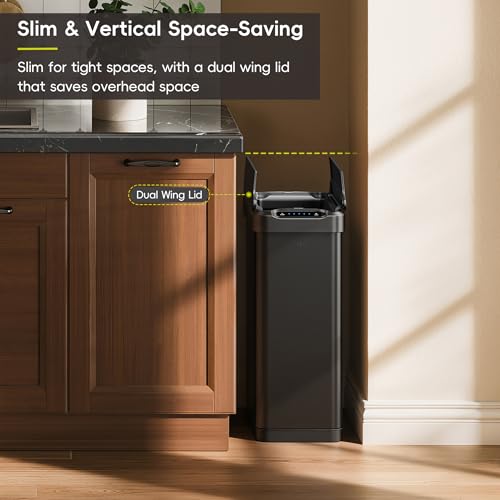 EKO Phantom-T 13.2 Gallon/ 50L Automatic Sensor Kitchen Trash Can, Slim Stainless Steel Touchless Garbage Bin with Soft-Close Dual Wing Lid for Home & Office, Matte Black - size: Phantom 50L - Matte Black