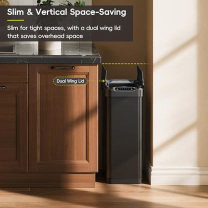 EKO Phantom-T 13.2 Gallon/ 50L Automatic Sensor Kitchen Trash Can, Slim Stainless Steel Touchless Garbage Bin with Soft-Close Dual Wing Lid for Home & Office, Matte Black - size: Phantom 50L - Matte Black