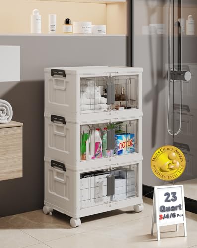 OlarHike 23QT Stackable Lockable Storage Bins with Lids - Folding Storage Box with Doors & Wheels, Collapsible Plastic Organizers for Closets, Dorm, School, Office, Drawers, Bathroom, Gifts, 3 Pack - size: 23QT-White, style: 3Pack