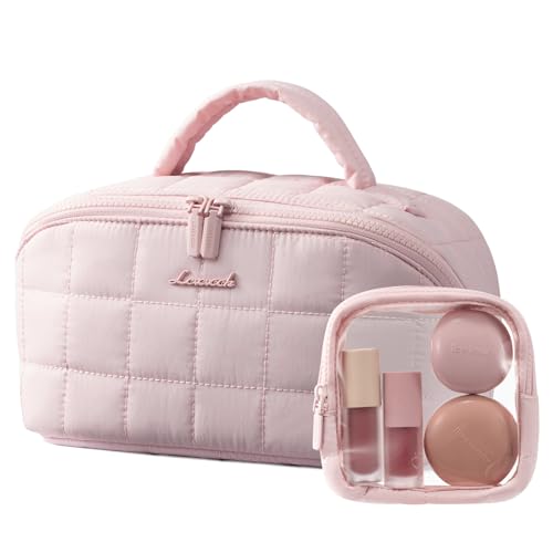 LOVEVOOK Travel Makeup Bag for Women, 2Pcs Puffer Waterproof Cosmetic Organizer, Large Capacity Pouch Open Flat Small Toiletry Bag with Brush Compartment & Handle (Pink-Checkered, Medium) - color: Pink-Checkered, size: Medium