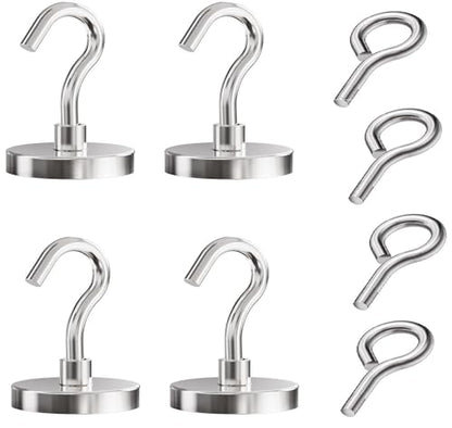 Neodymium Eyebolt & Magnet Hook Set, 200lbs Pulling Force Strong Fishing Magnets 1.65 Inch with Countersunk Hole Eyebolt for Fishing, Workplace, Home (Silver, Pack 4) - size: 4 Pack