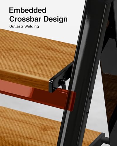 3 Step Ladder,Folding Step Stool with Aluminum Wide Pedal& Convenient Handgrip,330lbs Capacity Steel Ladder for Household and Office(Black &Woodgrain) - color: Black&woodgrain, size: 3 Step