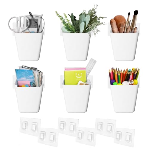 Wall Caddy Pen Holders, 6 Pack Large Pencil Cups Organizer for Marker / Remote / Crayon / White Board Accessories, with Adhesive Stickers, Office Home Craft Class Kids Room Art Organization (White) - color: White