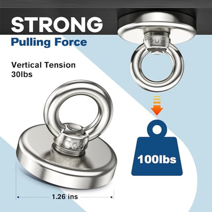 Neodymium Heavy Duty Magnet Hooks, 100lbs Pulling Force Strong Fishing Magnets 1.26 Inch Rare Earth Magnets with Countersunk Hole Eyebolt for Fishing, Workplace, Home (Silver, Pack of 12) - size: 12 Pack