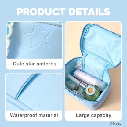 MINISO Disney Stitch Makeup Bag, PU Cosmetic Bag with Handle, Waterproof Travel Pouch, Cute Stitch Storage Organizer for Makeup, Stationery, Jewelry, Ideal Gift for Stitch Fans and Women, Blue