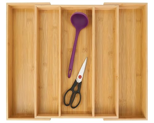 Utoplike Bamboo Expandable Kitchen Drawer Organizer, Adjustable Utensil Holder and Cutlery Tray Organiser, Drawer Divider for Silverware, Flatware, Knives in Kitchen, Bedroom, Living Room, 5 Slot - color: Natural, size: Large