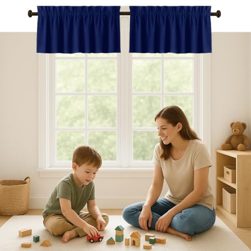 Indigo Blue Valance Curtains 2 Pack, 54x18 Inches, 100% Cotton, Rod Pocket Window Valances, Semi Sheer Short Curtain for Kitchen, Farmhouse, Café, Bedroom, Bathroom, Living Room Décor - color: Indigo Blue, size: 18"W x 54"L (Pack of 2)