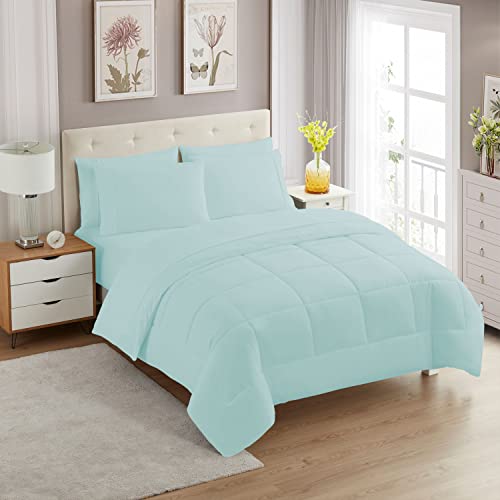 Sweet Home Collection 7 Piece Comforter Set Bag Solid Color All Season Soft Down Alternative Blanket & Luxurious Microfiber Bed Sheets, Aqua, Full - color: Aqua, size: Full