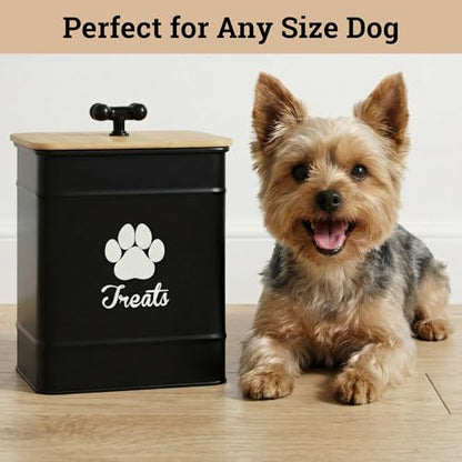 Dog Treat Container Airtight - 6 Inch Wide x 8 Inch Tall Iron Dog Treat Jar for Kitchen Counter with Airtight Bamboo Lid - 12 Cup Capacity Pet Treat Container - Doggie Cookie Jar - Big Treats Canister - color: Black