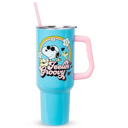 Silver Buffalo Peanuts Featuring Snoopy and Woodstock Feelin' Groovy Double Walled Stainless Steel Tumbler with Handle and Straw, Fits in Standard Cup Holder, 40 Ounces - color: Peanuts Feeling Groovy