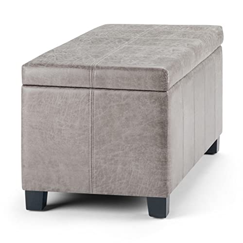 SIMPLIHOME Dover Storage Ottoman Bench - 36 inch Wide Upholstered Vegan Leather Rectangular Lift-Top Ottoman in Distressed Grey Taupe, Contemporary Bench for Living Room with Safety Hinges - color: Distressed Grey Taupe