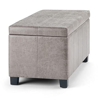 SIMPLIHOME Dover Storage Ottoman Bench - 36 inch Wide Upholstered Vegan Leather Rectangular Lift-Top Ottoman in Distressed Grey Taupe, Contemporary Bench for Living Room with Safety Hinges - color: Distressed Grey Taupe