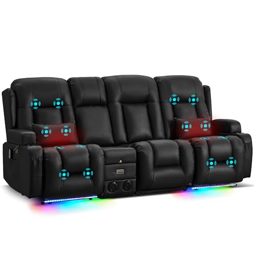 URRED Power Loveseat Recliner Sofa with Massage and Heat, Wall Hugger Reclining Loveseat with Console, RV Couch Home Theater Seating with LED Lights for Living Room (Black, 89.8" - 3 Seats) - color: Black, size: 89.8" - 3 Seats