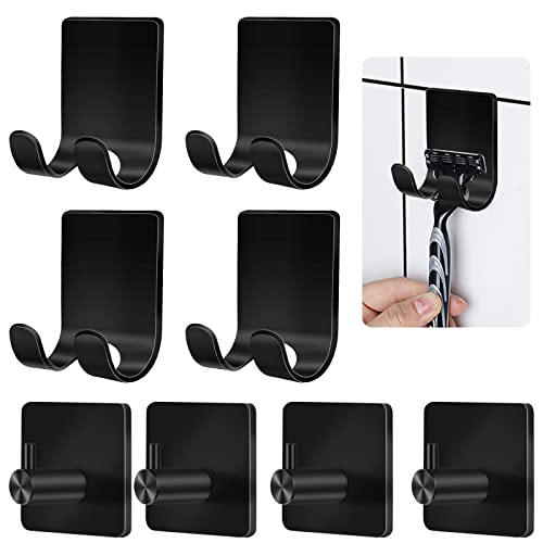 CGBE Razor Holder for Shower, 4 Packs Self Adhesive Shaver Holder Hanger Hooks for Bathroom, Damage Free Wall Hooks for Razor Shaver Loofah Sponge - color: Black, size: 8 Pack