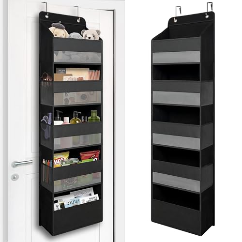 TYMENSH Black Over Door Organizer with 5 Large Clear Pockets and 6 Side Mesh Pockets, Anti-Tilt Hanging Door Storage for Closet, Bathroom, Nursery, Bedroom, Dorm, Toys, Cosmetics - color: Black