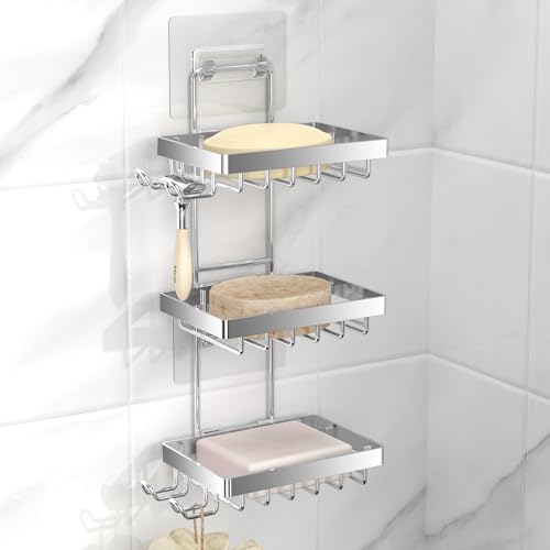 Moforoco Silver Soap Dish Holder for Shower Wall, No Drilling, 3-Tier 304 Rustproof Stainless Steel, Soap Bar Holder with 4 Hooks, Shampoo Bar Holder for Shower Caddy for Bathroom - color: Silver, size: 3-T Adhesive
