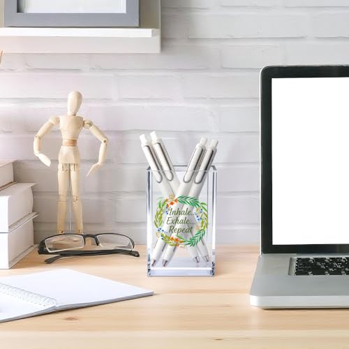 Inhale Exhale Repeat Acrylic Cosmetic Pencil Pen Holder Cup, Inspirational Desk Organizer Accessories for Home Office Meditation Room Decor, Motivational Gifts for Women Girl Yoga Lover Coworker - style: Inhale Exhale