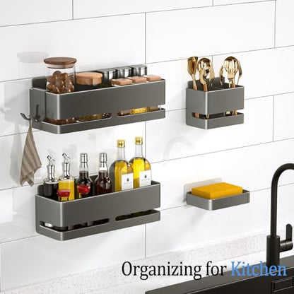 Bathroom Shower Caddy (5-piece Set Storage Rack), wall-Mounted Shelf with soap Dish and Toothbrush Holder, no Drilling Required, Ideal for Bathroom Storage and Also Suitable for Kitchen (Grey) - size: Grey-5-piece set