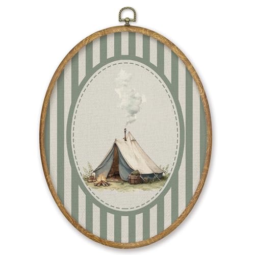 CGBHW Vintage Camping Oval Wall Art Decor Products, Camping Campsite Canvas Prints Framed, Sage Green Striped Cottagecore Camper Wall Art Hanging Decor for Home Bedroom Living Room, 8.6x11.4 Inch - color: Colour29