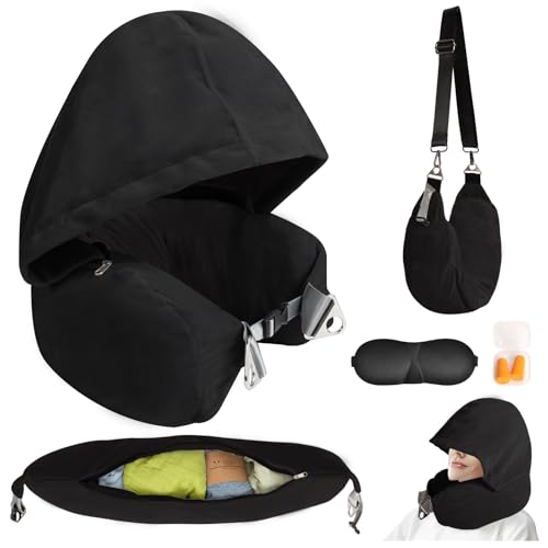 DreamShore Stuffable Neck Pillow for Travel with Hood - Adjustable Velvet Travel Pillow with Earplugs & Eye Mask, Ultimate Carry-On Travel Neck Pillow for Airplane, Travel Pillow for Extra Luggage - color: Black-hooded