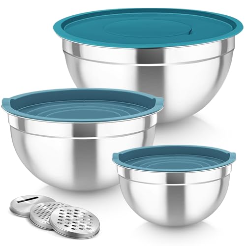 TeamFar Mixing Bowls, Stainless Steel Nesting Salad Bowls with Lids Set of 3 & 3 Grater Attachments, For Mixing/Serving/Storing, Non-toxic & Long-lasting, Size 4.6/3 / 1.5 QT, Navy Blue - color: Dark Blue, style: Airtight Lids