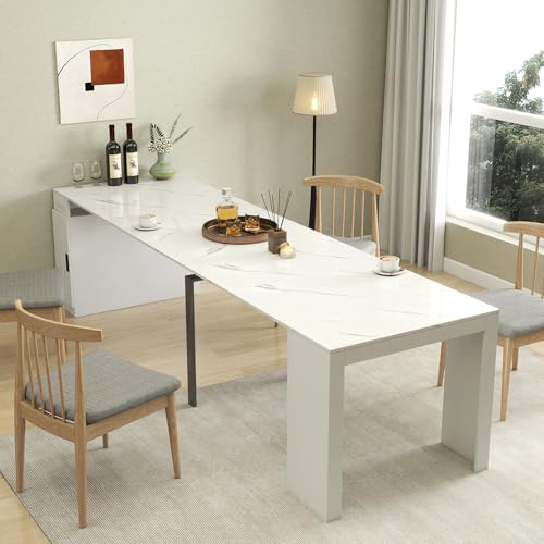 24"-118" Extendable Dining Table with Storage for 2-12 People, Modern Space-Saving Extra Long Wood Folding Table with USB & AC Outlets, Multifunctional Conference Meeting Table, White Marble - color: White Marble, style: 24" - 118.5" (2-12 People)