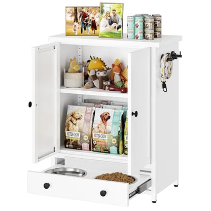 Dog Feeding Station with Storage, Metal Dog Food Storage Cabinet with 2 Elevated Bowls and 3 Hooks, Pet Feeding Station and Dogs Food Storage Organizer, White - size: Metal White