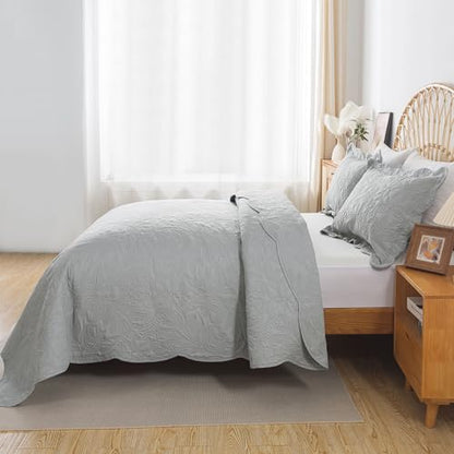 HoneiLife Quilt Set Queen Size - 3 Piece Queen Quilt Bedding Set Microfiber Quilt Sets Lightweight Bedspreads Reversible Coverlets Retro Bed Cover Floral Bedding Set All Season Quilts-Light Grey - color: Grey, size: Queen/Full-90"x96"