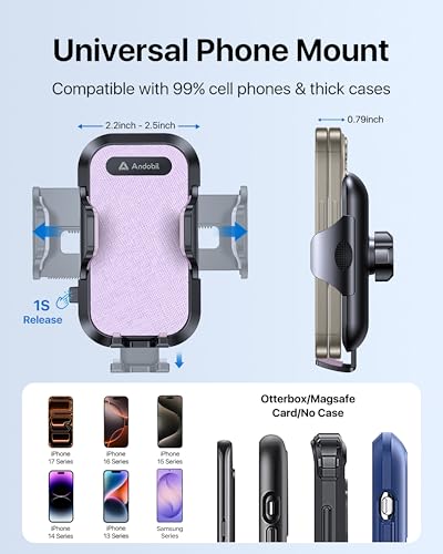 andobil Car Phone Holder, 2026 Military-Grade 89bs Strongest Suction Phone Holders for Your Car Dashboard/Windshield/Vent Easy Clamp Cellphone Holder Truck Stand for iPhone 17 16 15 Pro Max, Purple - color: Purple