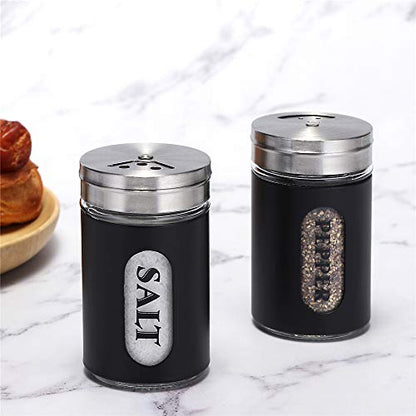 Salt and Pepper Shakers Stainless Steel and Glass Set with Adjustable Pour Holes - color: Black