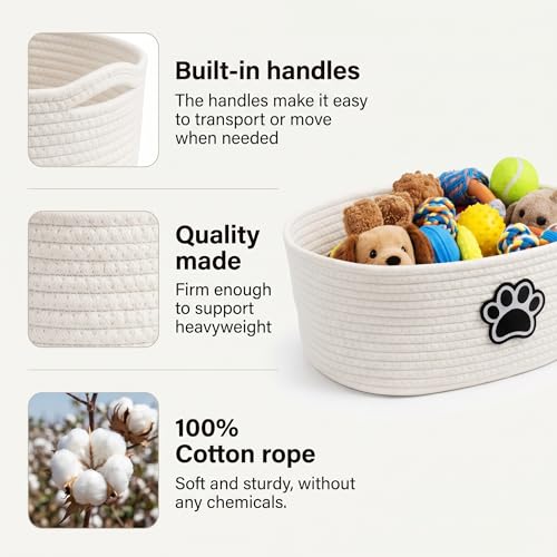 Woven Basket,Dog Toys Basket with Handle,Cute Cotton Gift Baskets Empty for Puppy Leash,Blanket Food, Accessories Pet and Household Storing - color: White