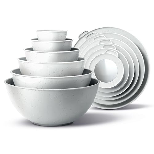 COOK WITH COLOR Mixing Bowls with TPR Lids - 12 Piece Plastic Nesting Bowls Set includes 6 Prep Bowls and 6 Lids, Microwave Safe Mixing Bowl Set (Speckled White) - color: Speckled White TPR Lids