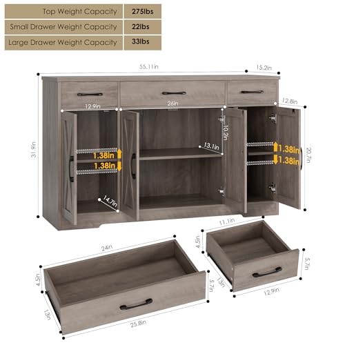HOSTACK Buffet Sideboard Cabinet with Drawers, 55" Large Buffet Storage Cabinet with Shelves and Doors, Modern Farmhouse Coffee Bar Station for Kitchen, Dining Room, Ash Grey - color: Ash Grey