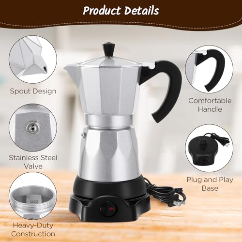 Coffee Pot 6 Cup Electric Espresso Coffee Maker Italian Moka Maker 300ml Portable Aluminum Espresso Machine Cafetera Moka Pot with Detachable Base, Gift for Home Travel (Silver) - color: Silver