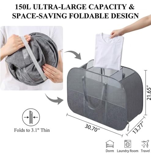 150L Collapsible Laundry Basket, 3-Compartment Foldable Hamper with Handles, Durable & Lightweight Clothes Organizer for Laundry Room, Dorm, Travel - Grey