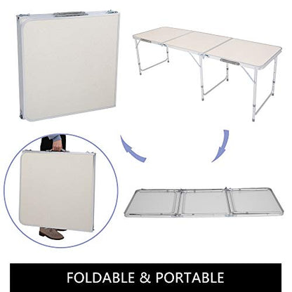 3/4/6 Foot Plastic Folding Table,Adjustable Foldable Table with Carrying Handle,Outdoor Picnic Party Table for Camping,Wedding,Kitchen,Beach,Straight Legs - White (White, 6ft) - size: 6ft