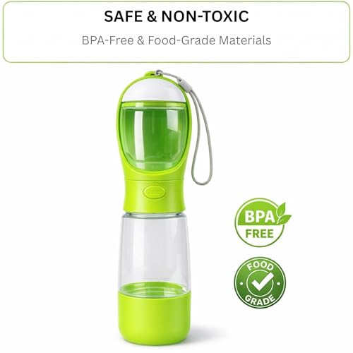 3-in-1 Dog & Cat Water Bottle with Food Container & Poop Bag Holder – Includes 60 Extra Waste Bags – 13.5oz Leak-Proof, BPA-Free Portable Pet Travel Dispenser, Green