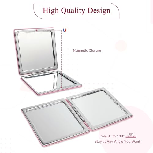1X/2X Magnifying Compact Mirror with PU Leather, Mini Mirror for Purse, Handbag and Pocket, Pink