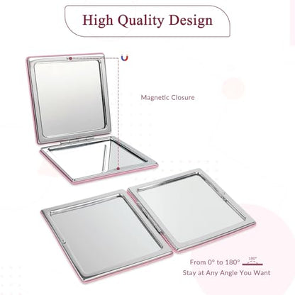 1X/2X Magnifying Compact Mirror with PU Leather, Mini Mirror for Purse, Handbag and Pocket, Pink