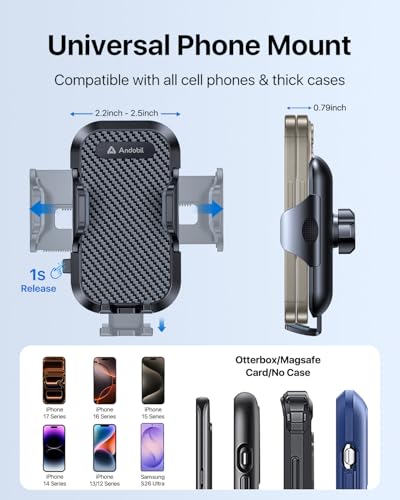 andobil 2026 Upgraded Car Phone Holder Mount, Military-Grade Phone Holders for Your Car Vent Ultra-Stable Metal Clip Universal 360° Cell Phone Car Mount for iPhone 17 Pro Max 16/15/14/13/12/ Samsung - color: Black