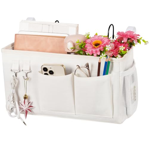 Lilithye Bedside Caddy Bedside Organizer Bedside Storage Caddy with Fixed Straps and Water Bottle Holder for Home College Dorm Bunk Bed Hospital Bed Crib Bed Rails (New White) - color: New White