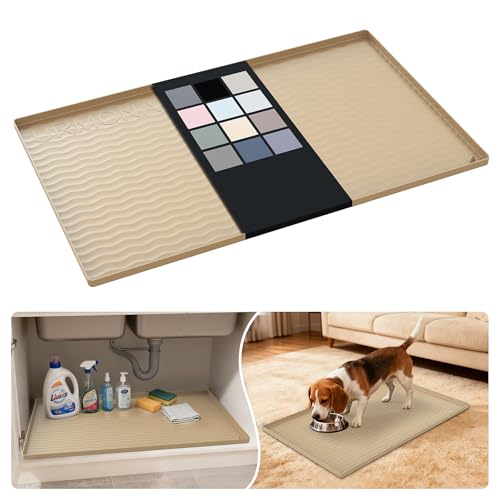 URMONA Waterproof Silicone Under Sink Mat 31'' x 19'' Shelf Liner for Kitchen and Bathroom, Cabinet and Counter Protector, Storage and Organizers, Litter Mat, Pet Cat Puppy Essentials(Khaki) - color: Khaki, size: 19"W x 31"L