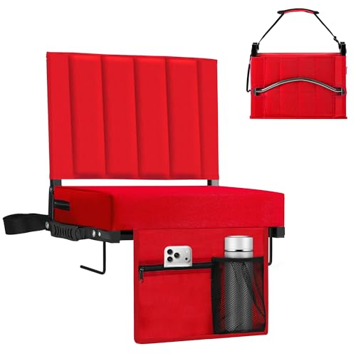 Stadium Seat for Bleachers with Back Support, Portable Bleacher Seat with Wide Comfy Padded Cushion, Metal Hook, Folding Stadium Chair with Shoulder Strap, Carry Handle, Cup Holder, Red - color: Red