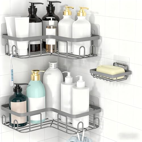 Moforoco Corner Shower Caddy Shelf Organizer Rack, Self Adhesive Grey Bathroom Shelves Basket, Home Wall Shower Inside Organization and Storage Decor RV Accessories, First Apartment Essentials - color: Grey
