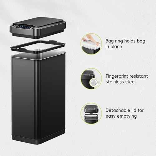 EKO Phantom-T 13.2 Gallon/ 50L Automatic Sensor Kitchen Trash Can, Slim Stainless Steel Touchless Garbage Bin with Soft-Close Dual Wing Lid for Home & Office, Matte Black - size: Phantom 50L - Matte Black