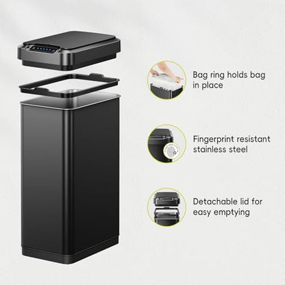 EKO Phantom-T 13.2 Gallon/ 50L Automatic Sensor Kitchen Trash Can, Slim Stainless Steel Touchless Garbage Bin with Soft-Close Dual Wing Lid for Home & Office, Matte Black - size: Phantom 50L - Matte Black