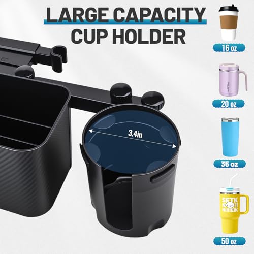 Car Headrest Backseat Storage Box with 2 Cup Holders, Back Seat Car Organizer 5"-13" Tablet Phone Holder with Hook, Adjustable 3-in-1 Multifunctional Car Essential Food Tray for Travel Accessories