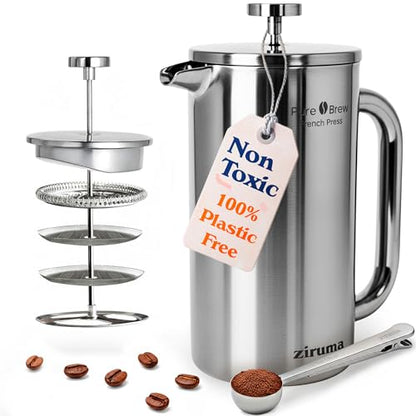 Ziruma Non-Toxic Stainless Steel French Press, Plastic-Free, 34 oz | Surgical-grade steel, heavy metal-free. 4-layer filter, grit-free. Double-wall insulated coffee maker, stays hot. Portable.