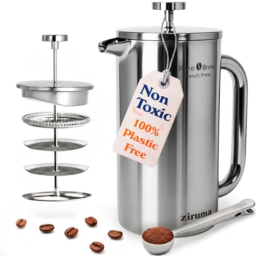 Ziruma Non-Toxic Stainless Steel French Press, Plastic-Free, 34 oz | Surgical-grade steel, heavy metal-free. 4-layer filter, grit-free. Double-wall insulated coffee maker, stays hot. Portable.