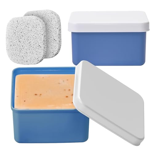 Square Soap Travel Case Set of 2, Navy Blue Plastic Soap Holder with Lid Portable Bar Soap Dish Box with Soap Saver Pad for Travelling Gym Camping Bathroom - color: Navy Blue, size: Set of 2